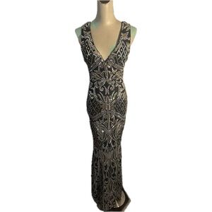 WOW Couture Black Sleeveless V-Neck Maxi Gown with gold & silver sequin designs